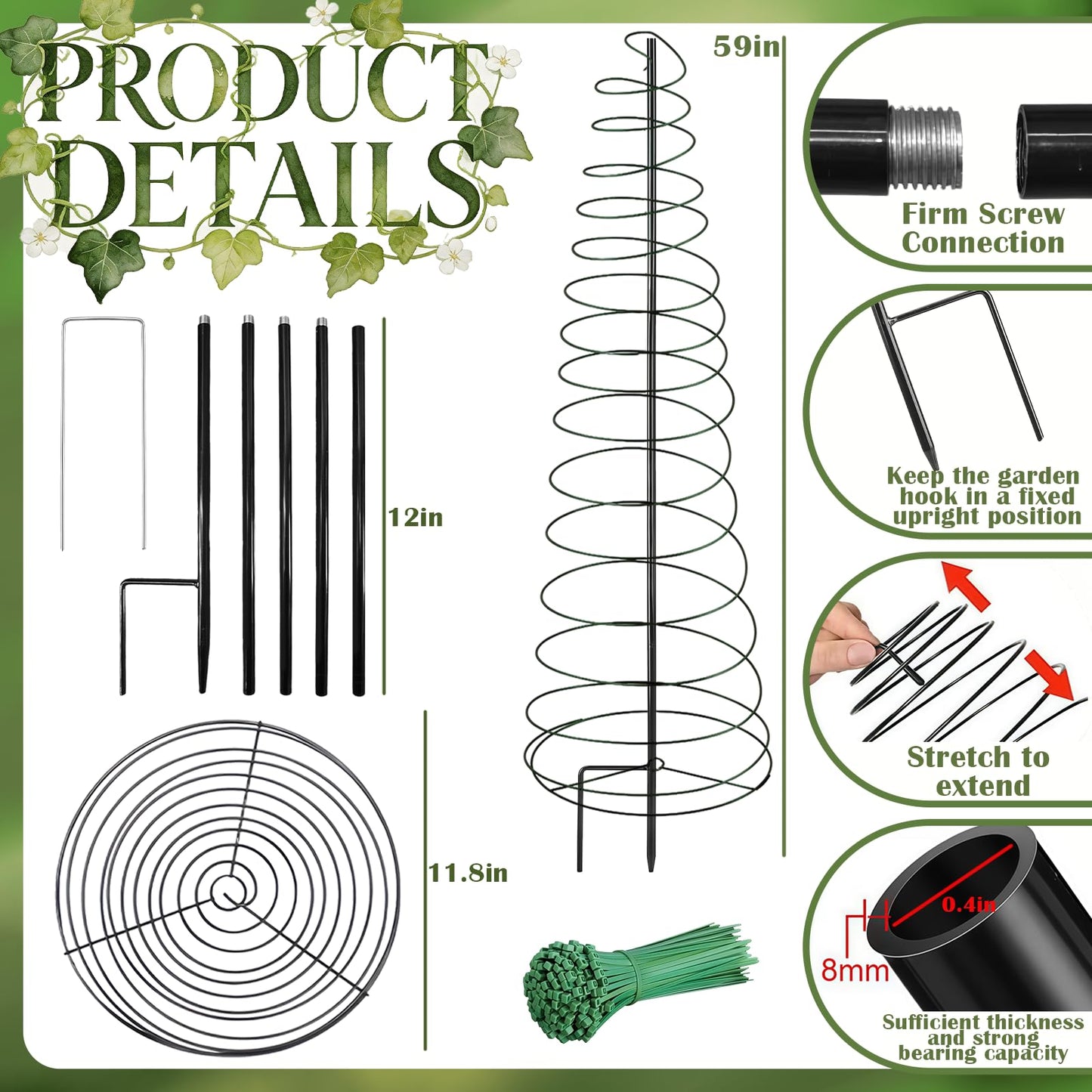 2 Pack Spiral Metal Garden Trellis for Climbing Plants Outdoor, 12"-59" H Adjustable Plant Grow Cage Support for Pole Bean, Pea, Morning Glory, Clematis (Includes Metal Central Stake, More Stable)