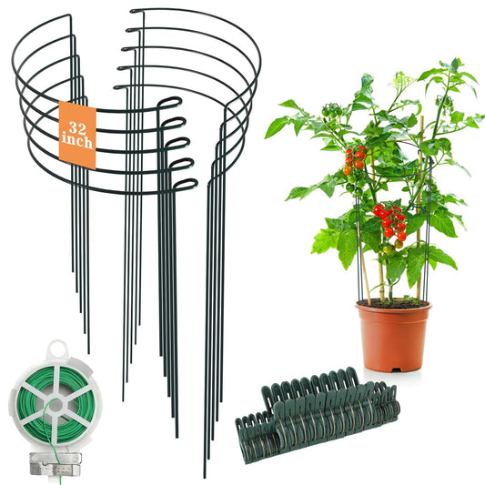 32 inch Plant Support Stakes, 10 Pack Half Round Metal Garden Plant Stake Heavy-Duty Plant Support Ring and Cage with Plant Clip & Twist Tie for Indoor and Outdoor Plants, Vegetable, Flowers