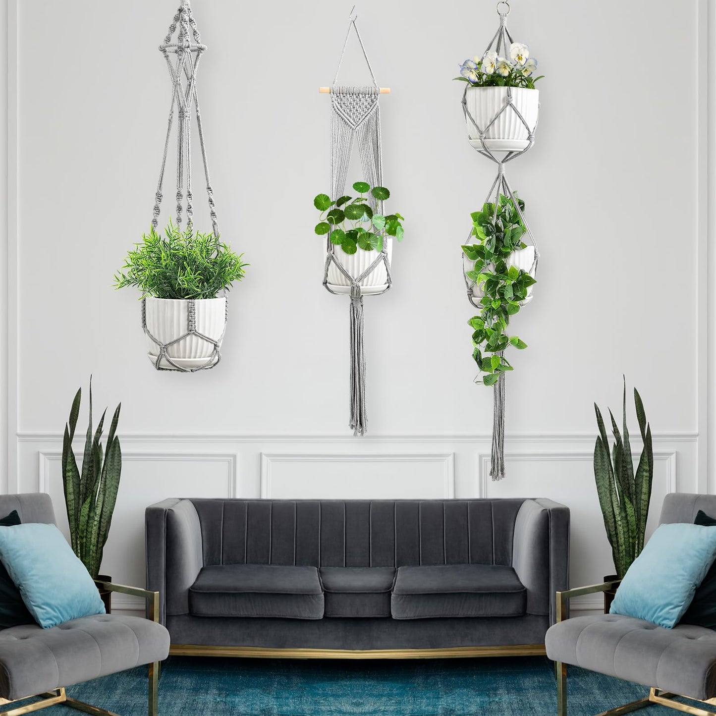 Macrame Plant Hangers, 6Pack Hanging Plant Holders Indoor w/ 6 Set Hooks Handmade Cotton Rope Plant Hangers Set Flower Pots Holder Stand Boho Home Decor Hanging Planters for Indoor Outdoor Plants