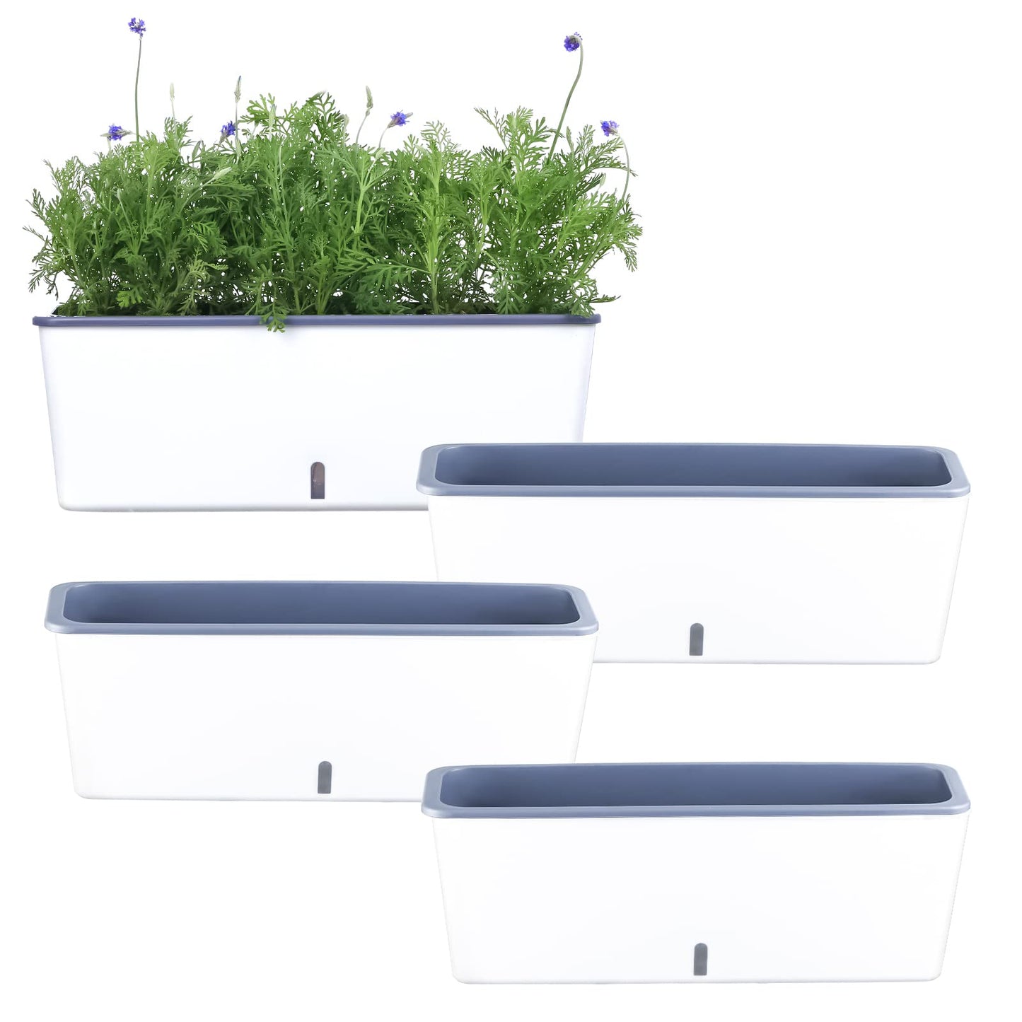4 Pack Rectangular Planter 17 x 4.5 in Self Watering Planter Window Sill Planters Indoor Rectangle Planter Self Watering Pots Plastic Plant pots with Drainage Holes White Flower Pot Indoor