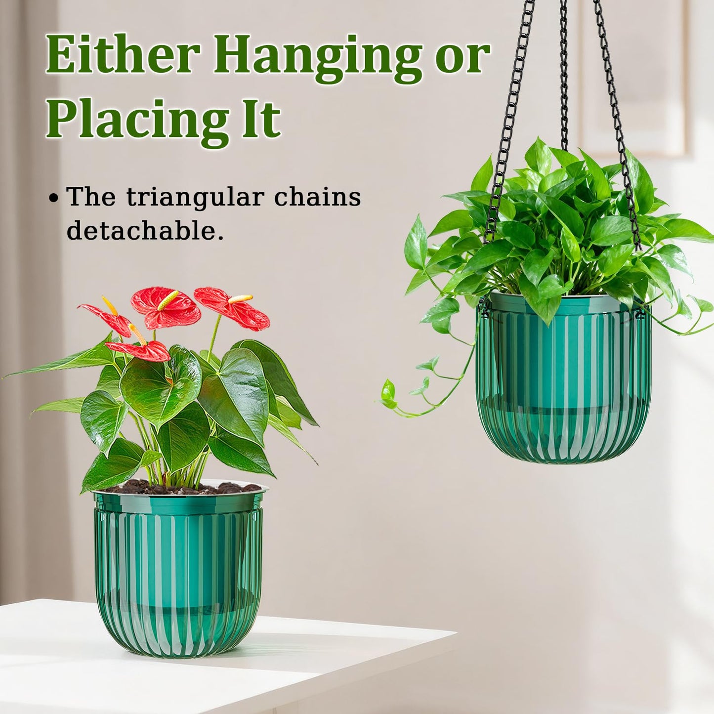Halatool 8.3 Inch Hanging Pots for Plants Indoor- 2 Pack Self-Watering Hanging Planters Flower Pots, Plant Hanger with Hooks Drainage Holes for Garden Home (Green)