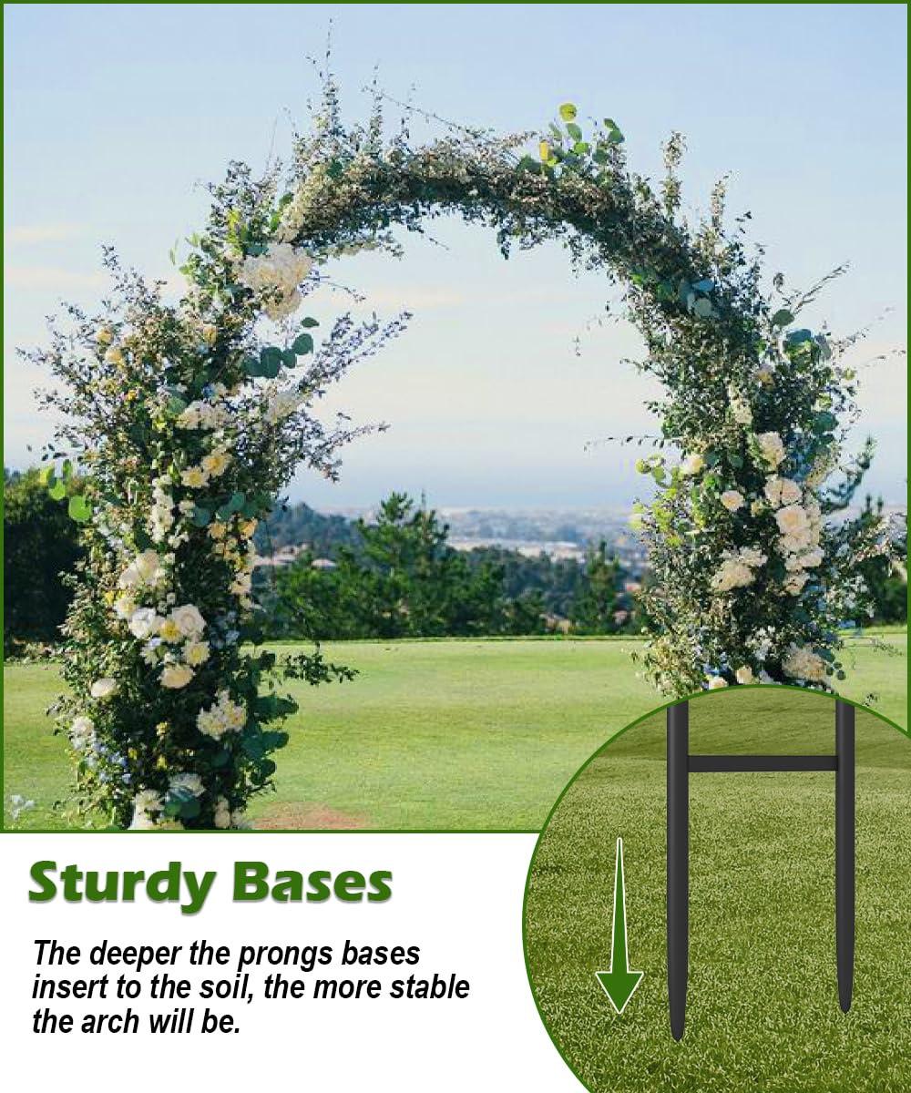 Queension Metal Wedding Arch for Ceremony Party Decoration 7Ft Wide 7.7Ft High,Garden Arch Trellis with Ground Bases for Climbing Plants,Outdoor Garden Arbor for Roses Vines, Round Frame, Black