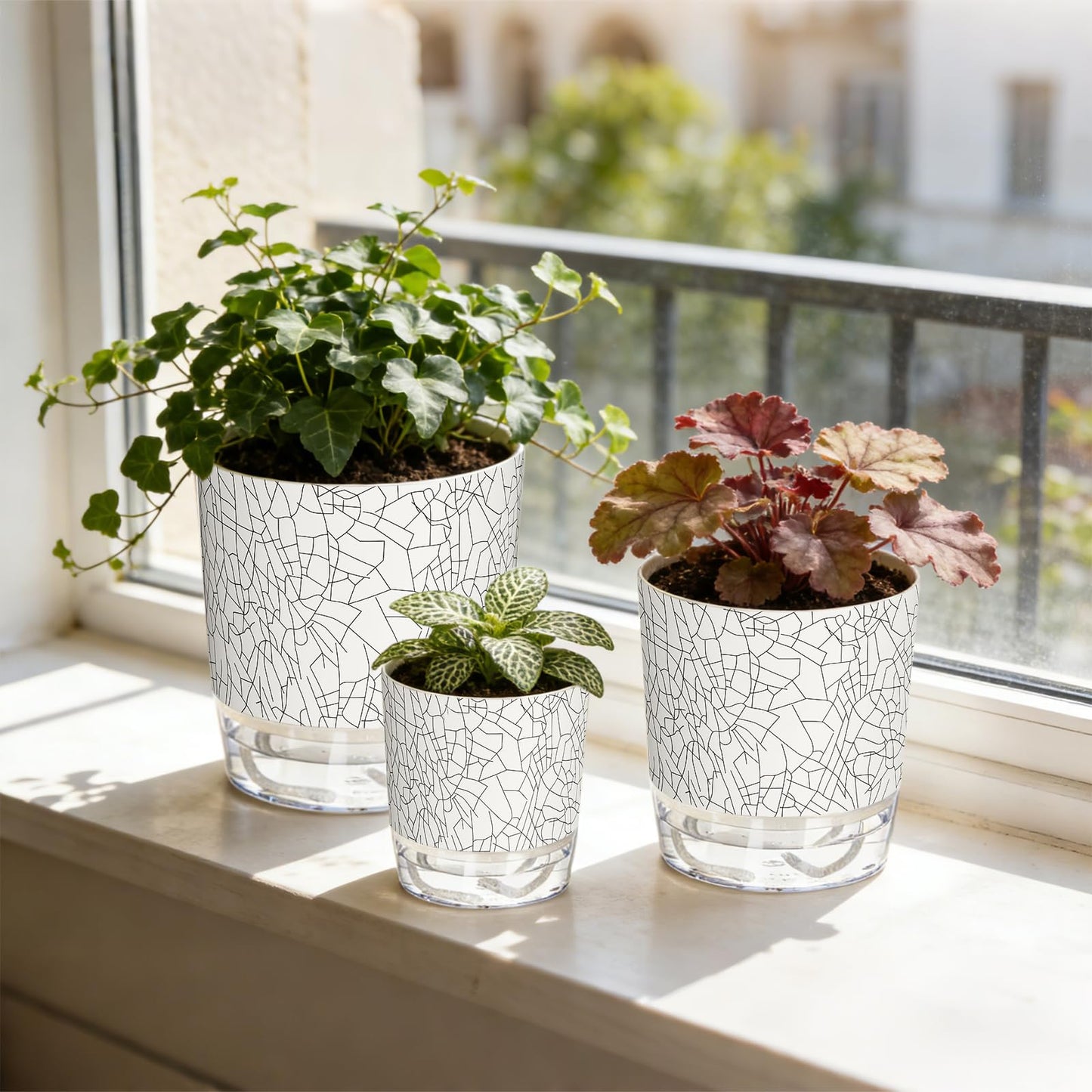 Samhe 3 Pack Self Watering Pots for Indoor Plants, 4+5.5+6.3 Inch Self Watering Plant Pots, Flower Pots with Wick Rope and Reservoir - Crack Texture