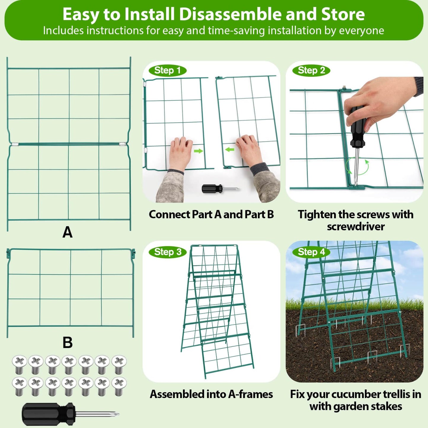ROADPLUM Cucumber Trellis for Raised Garden Bed, Outdoor Sturdy Metal A-Frame Cucumber Trellis Support for Climbing Plants Vegetables and Fruits with Accessories, Easy installation and Easy Harvesting