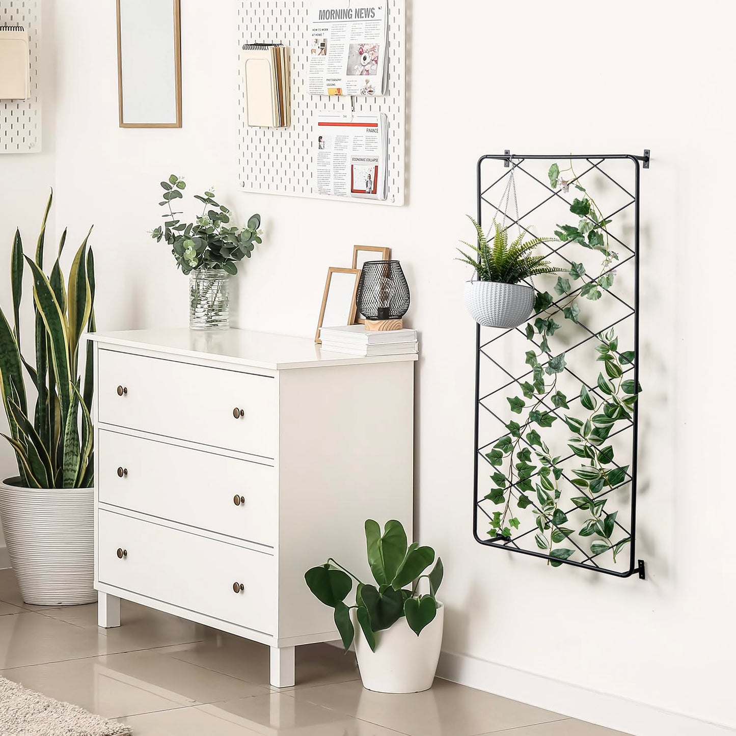 MyGift 50"x24" Wall Mounted Garden Trellis, Black Metal Lattice Panels for Outside, Hanging Lattice Support Frame for Outdoor or Indoor Climbing Plants, Set of 2 Panels