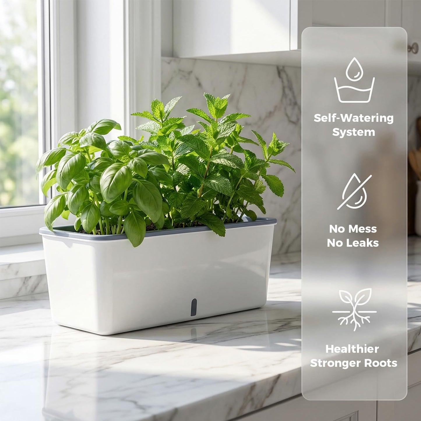 2 Pack Rectangular Planter 17 x 4.5 in Self Watering Planter Window Sill Planters Indoor Rectangle Planter Self Watering Pots Plastic Plant pots with Drainage Holes White Flower Pot Indoor