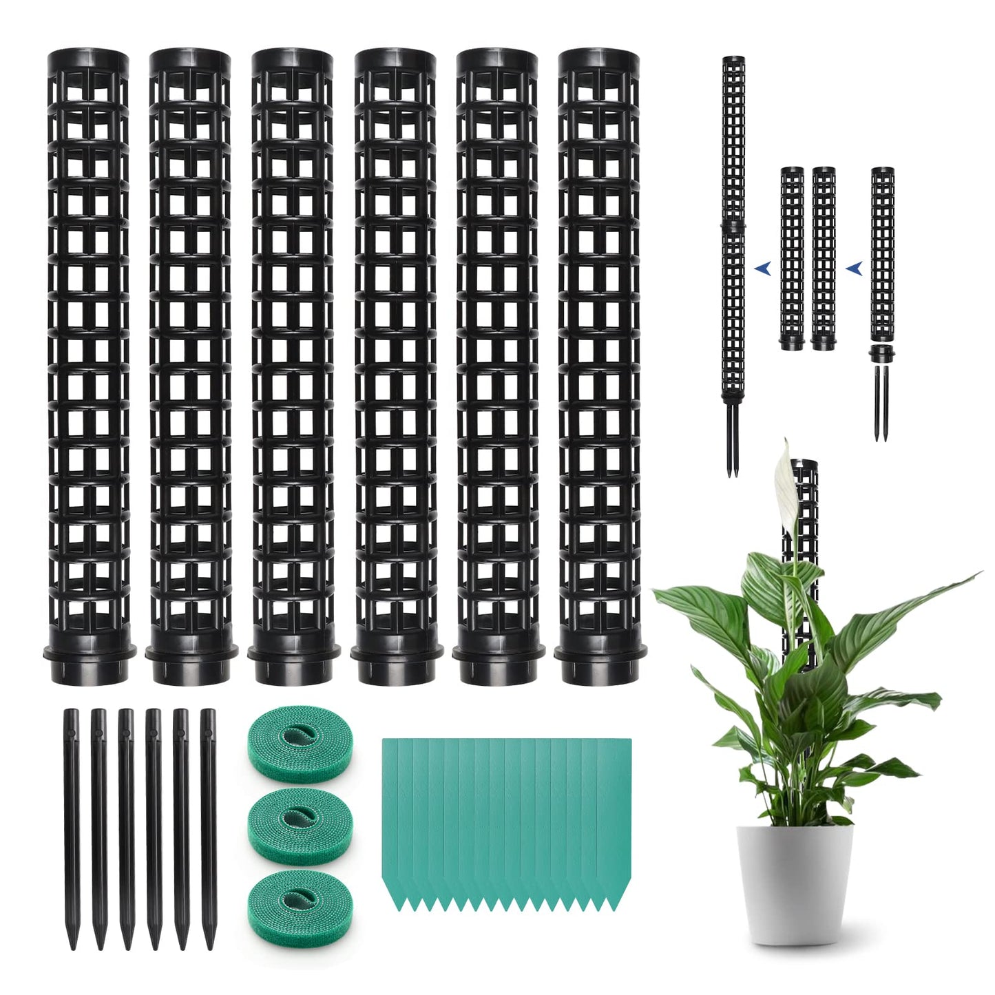 LangRay Moss Pole for Climbing Plants Monstera, Indoor Plant Supports, Plastic Moss Stick, Plant Stake for Garden, Extension Aid Climbing Rob (Black, 6pcs 10inch)