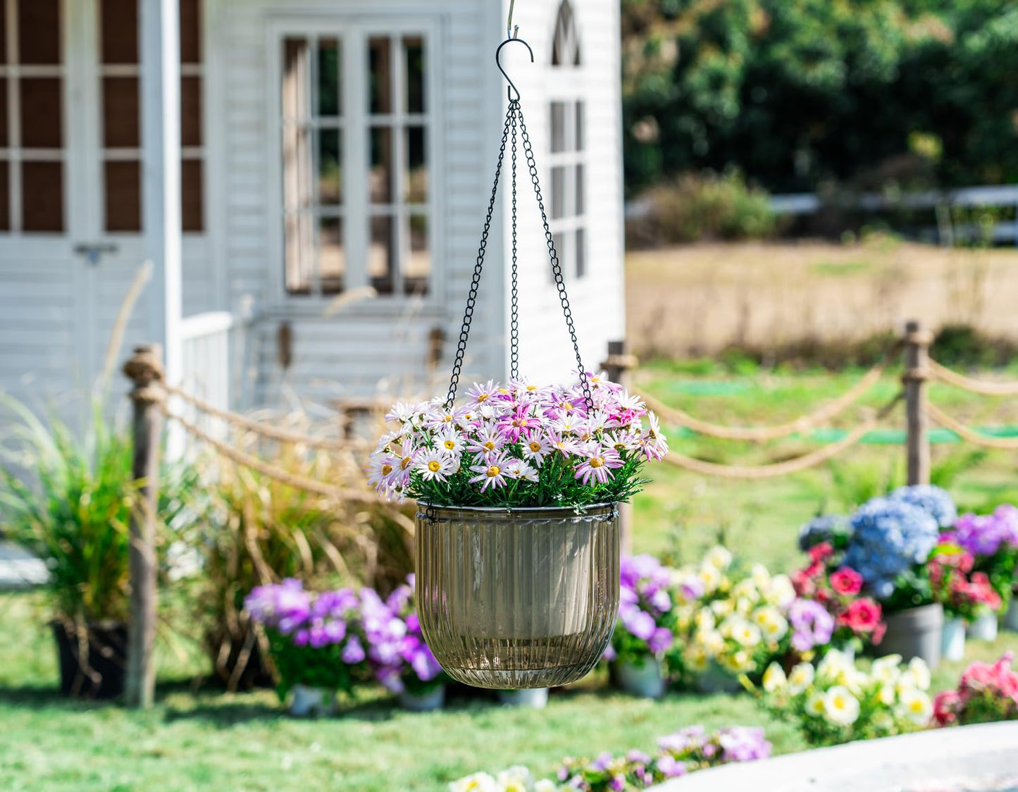 Melphoe Self Watering Hanging Planters for Indoor, 1 Pack 8.3 Inch Outdoor Hanging Plant Pot Basket, 2 Kinds of Plant Hangers Macrame 35.5’’ & Metal Chain 19.6’’ for Garden Home Decor