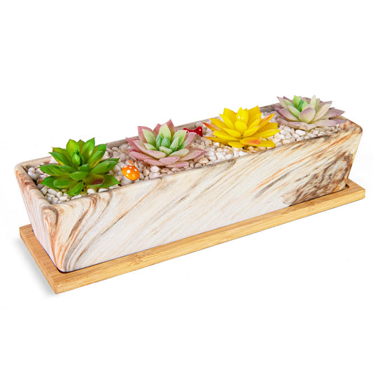 Succulent Pots - 12.1 Inch Large Succulent Pots with Drainage Tray, Window Sill Planter, Long Rectangle Ceramic Pots for Indoor Cactus/Succulent Plants Shallow Bonsai Window Box for Home Garden Decor