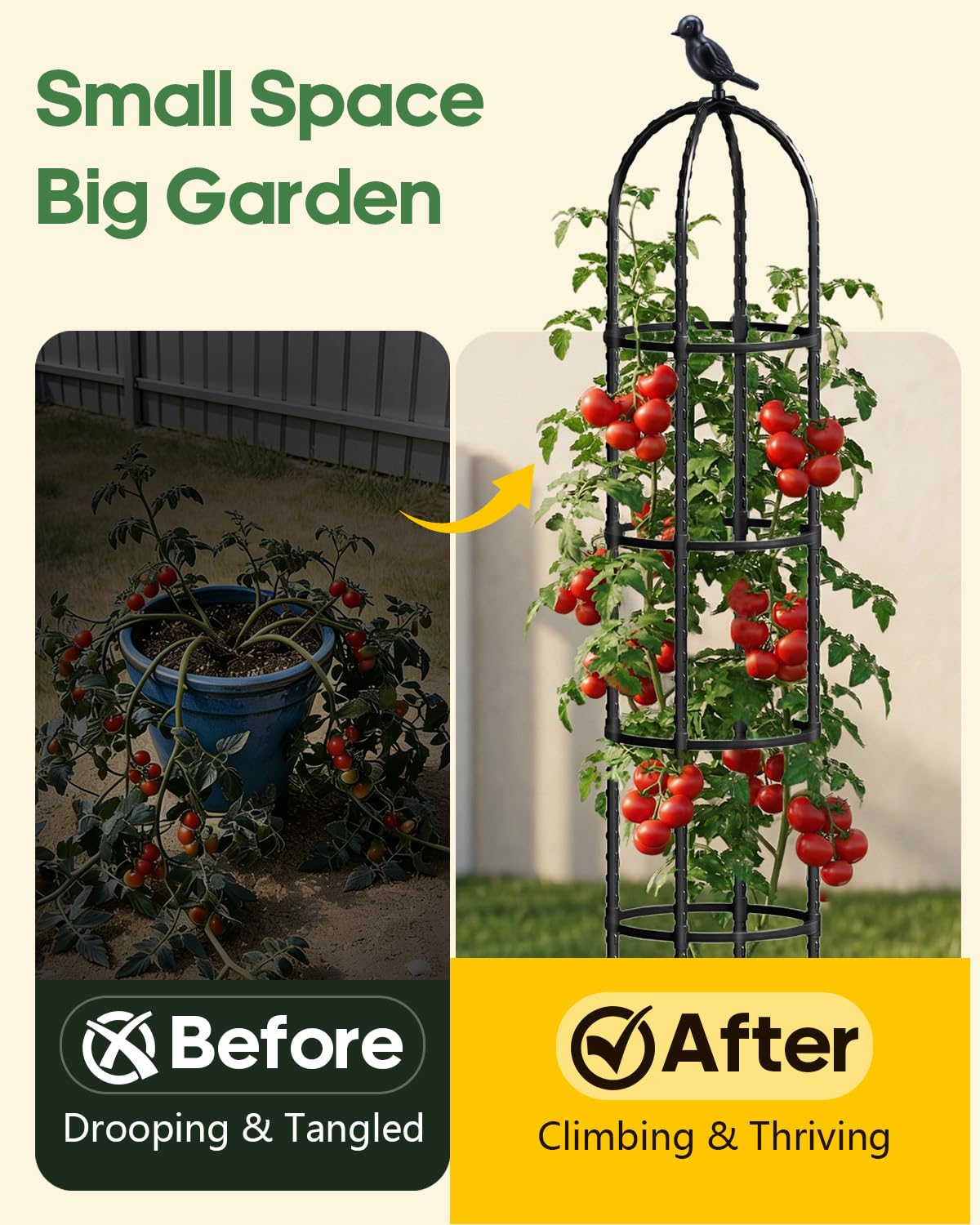 Joyhalo 2 Pack Trellis for Climbing Plants Outdoor, 6.2ft High Adjustable Garden Trellis for Flowers, Black Plastic Coated Steel Plant Stakes Use As Tomato Cage