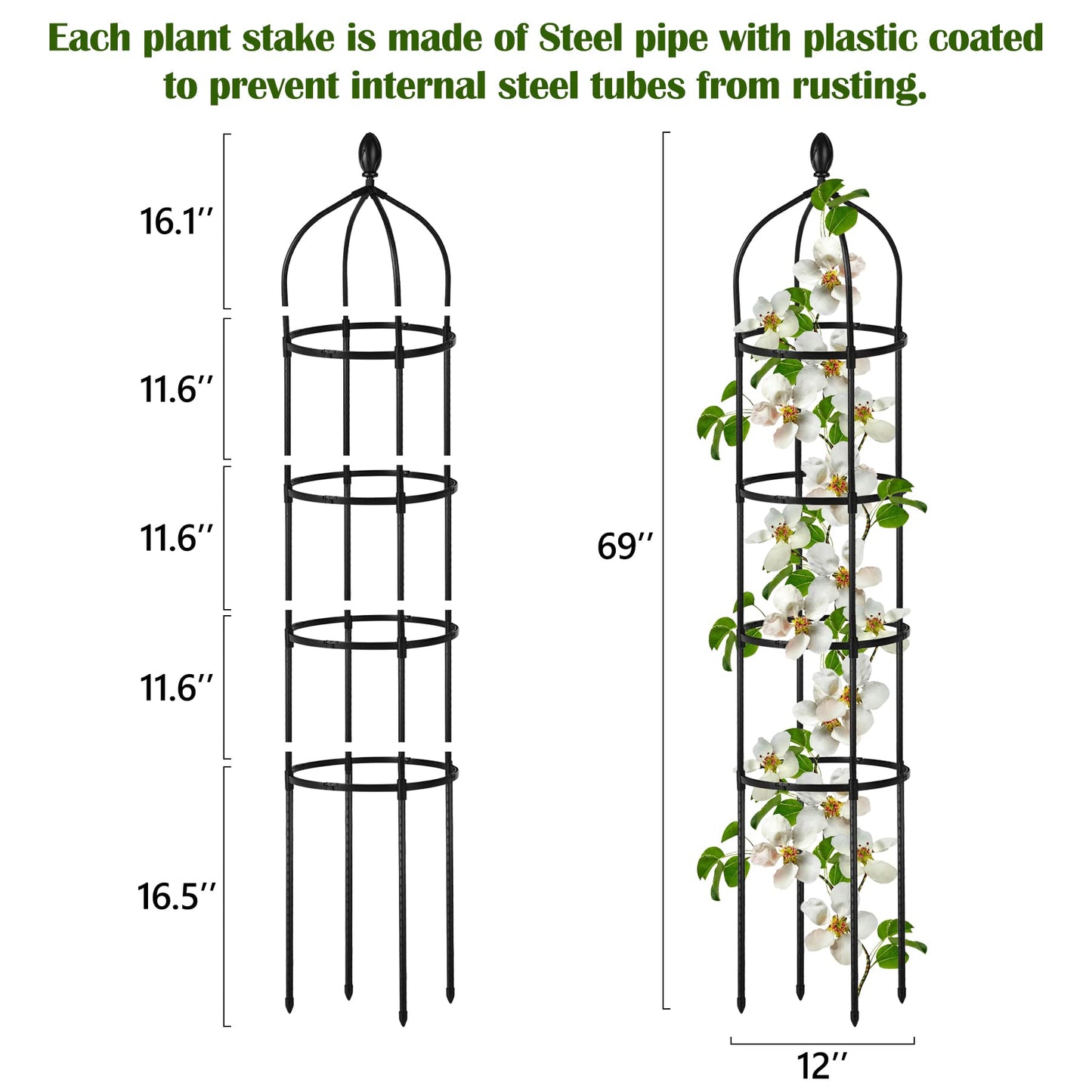 2 Pcs Garden Obelisk Trellis for Climbing Plants Outdoor 6 Ft Rose Bush Round Trellis for Pots Rustproof Metal Pipe with Plastic Coated Plant Flower Trellises for Clematis Vine Jasmine Support