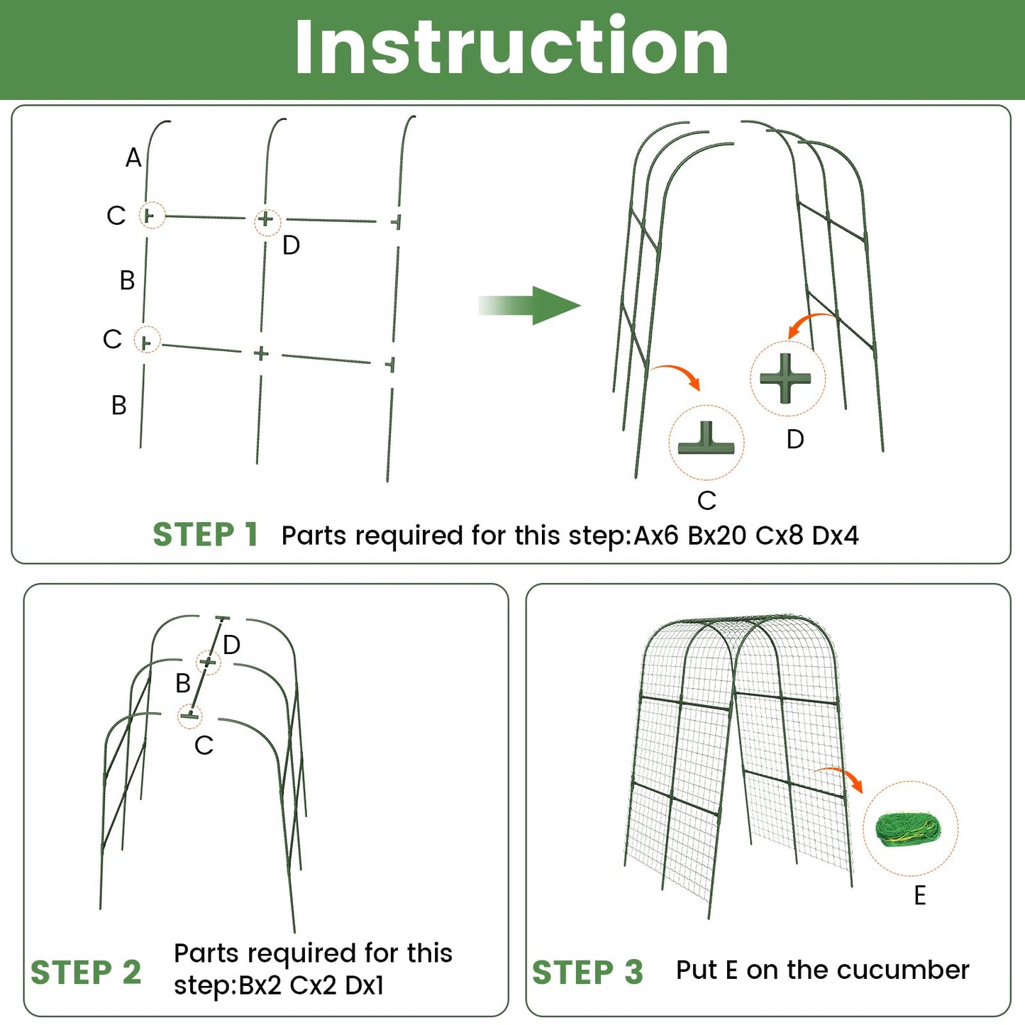 Cucumber Trellis, Metal Garden Arch Trellis for Raised Bed, 32 x 48inch U-Shape Garden Trellis for Climbing Plants Outdoor, Vegetables Fruit Plant Support with Netting, Gardening Supplies (Green)