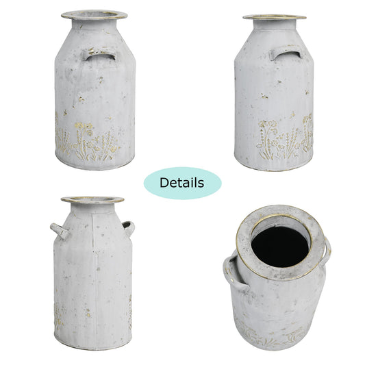 13" H Vintage Metal Vase Rustic Farmhouse Pitcher Jug Decorative Milk Can Flower Vase Distressed Plant Holder for Fresh/Dried Flowers, Home Living Room/Patio Centerpieces (White#2)