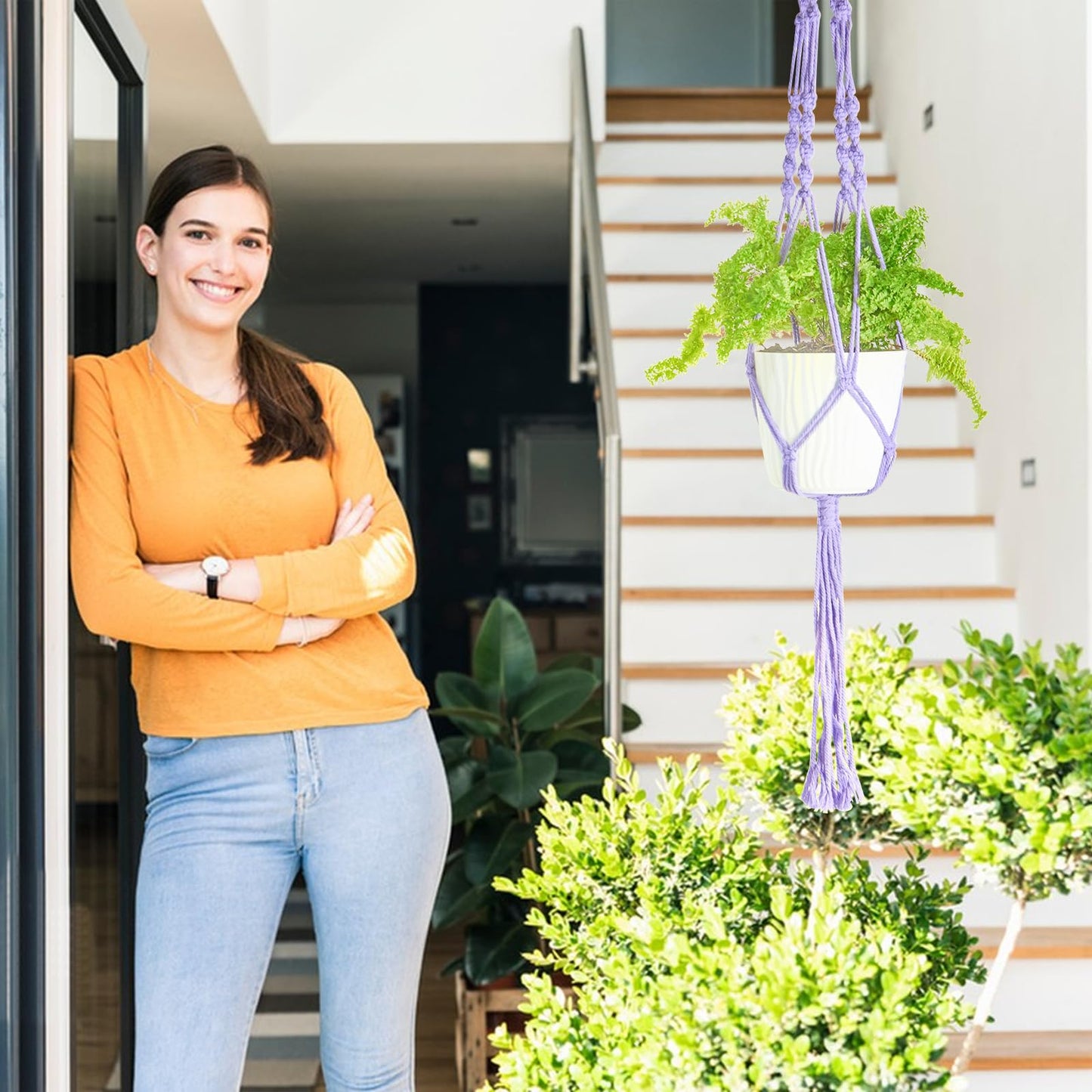 XXXFLOWER 3 Pack Macrame Plant Hanger Indoor Set with Hooks Handmade Woven Cotton Rope Flower Pot Crochet Plant Holder Stand Boho Plant Decor Hanging Planter Baskets Set of 3 with Beads Purple