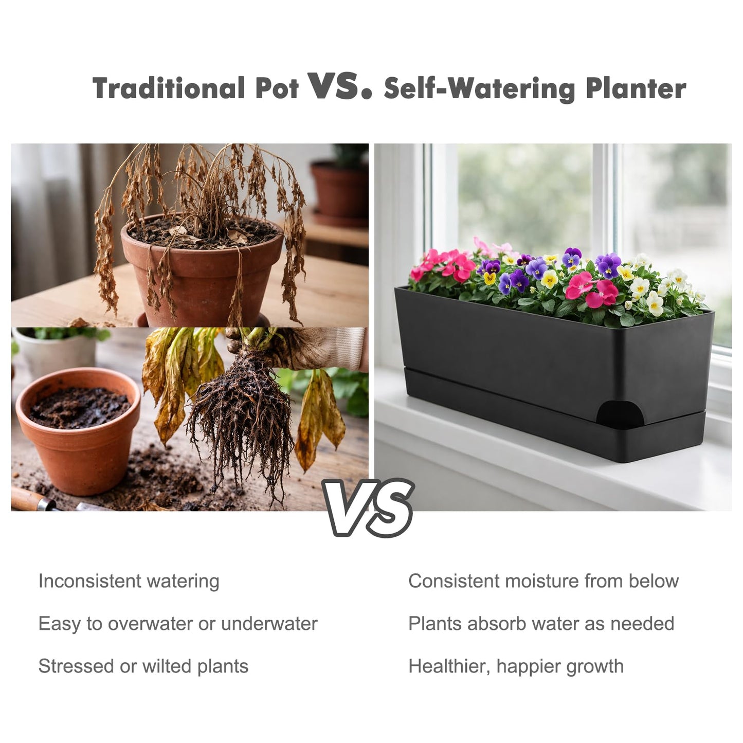 Party Zealot Self Watering Pots for Indoor Plants, 3 Pack Window Boxes Planters 17 Inch Rectangular Planter Rectangle Flower Pots Long Plant Pot Large Window Sill Herb Planter Box, Black