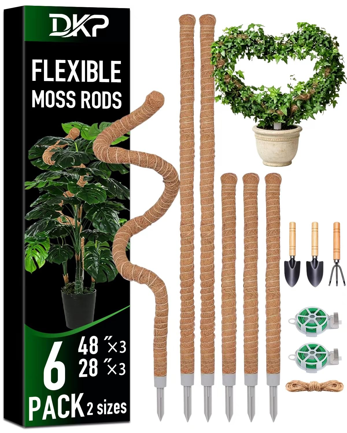 DKP 6 Pack Tall Moss Pole & Monstera Plant Support: Includes (3) 28in & (3) 48in Coco Coir Poles + 3-Piece Iron Gardening Tools for Creeper Plant Support, Pothos, Indoor Climbing Plants