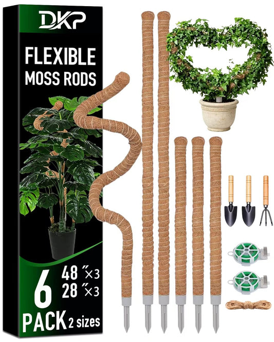 DKP 6 Pack Tall Moss Pole & Monstera Plant Support: Includes (3) 28in & (3) 48in Coco Coir Poles + 3-Piece Iron Gardening Tools for Creeper Plant Support, Pothos, Indoor Climbing Plants