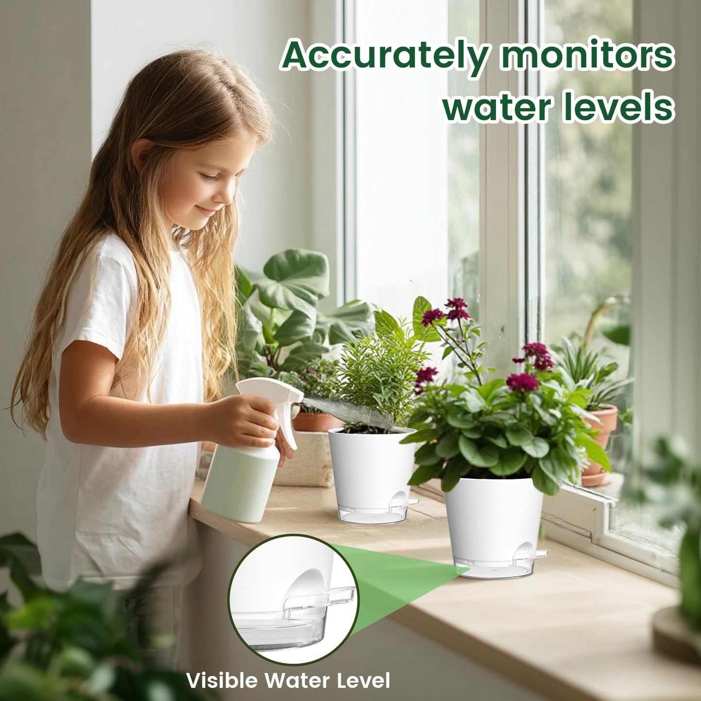Meowell 6 inch Self Watering Pots for Indoor Outdoor Plants, 3 Pack Flower Plant Pots with Drainage Holes and Clear Reservoirs, Visible Water Level, Plastic Planters with Wicking Rope, White