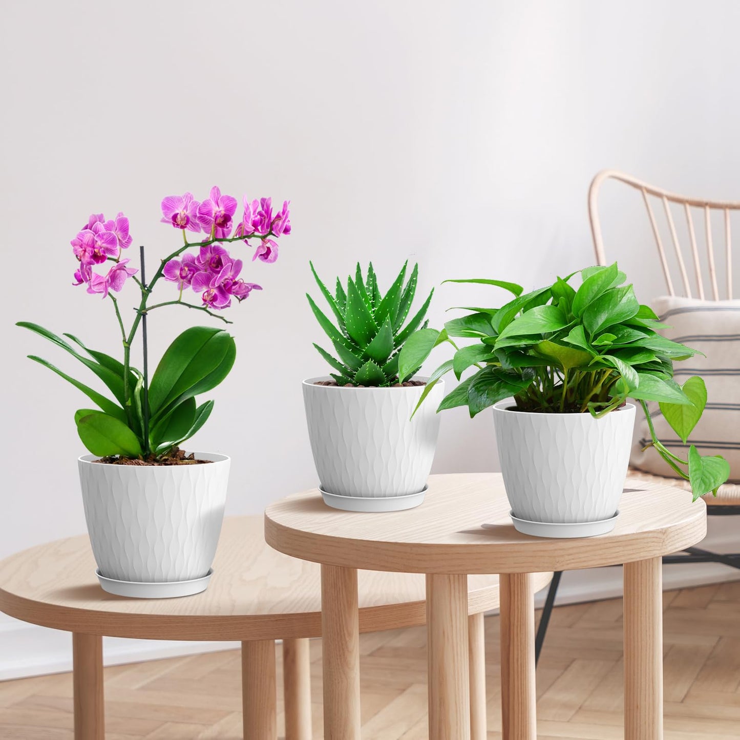 WSMKSZ 6 inch Flower Pots, 5 Pack Plant Pots with Drainage Holes and Saucers for Indoor Plants, Plastic Planters with Water Ripple for Small Garden House Plants, Nursery Pots for Succulent, White