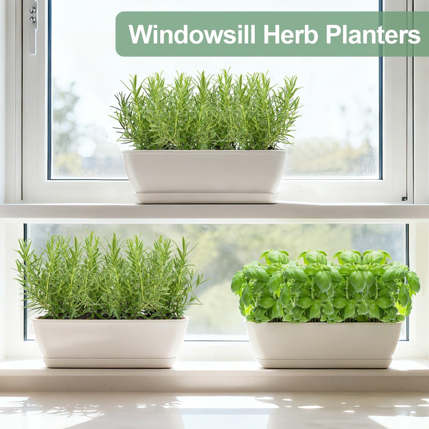 Oliz 4-Piece White Rectangular Window Sill Planters with Drainage Holes and Trays (11 Inches) for Basil, Orchids, and Succulents Modern Herb Garden Planters Suitable for Indoor/Outdoor Plants