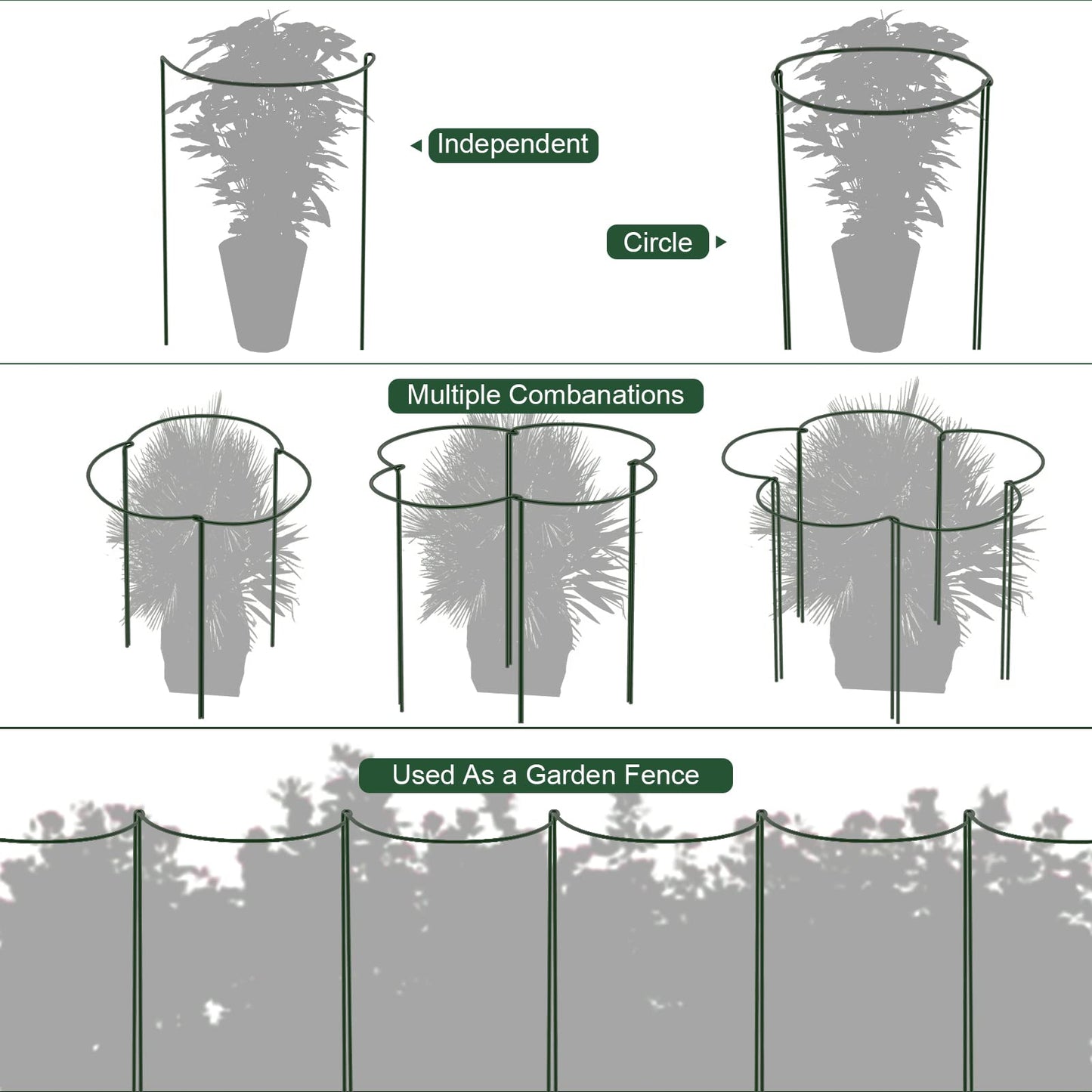 FEED GARDEN 8 Pack Plant Support Stakes, Peony Cages and Supports, Metal Garden Plant Stake(10" Wide x 16" High) Green Half Round Plant Support Rings for Outdoor Indoor Plants, Tomato, Hydrangea