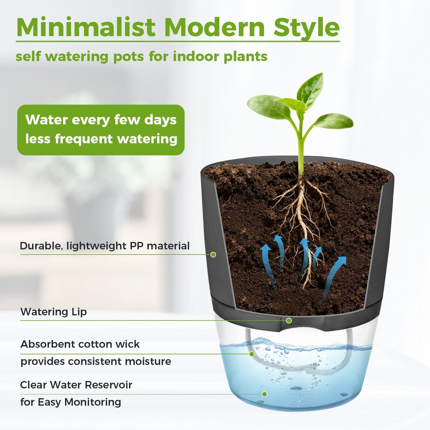 Planterhoma 6 Pack Self Watering Pots for Indoor Plants, 3.2/4/6 Inch Plant Pot Plastic Self Watering Planter for Orchid, African Violet, Small Clear Flower Pots with Drainage Holes and Wicking, Grey