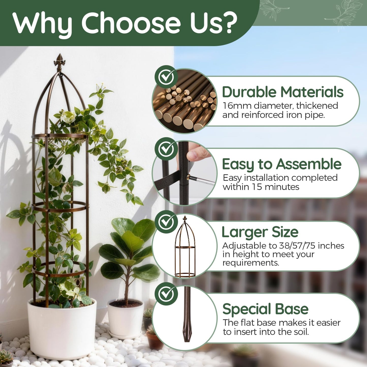 6.3Ft 100% Metal Garden Obelisk Trellis for Climbing Plants Outdoor, Rose Trellis for Potted Plants, Sturdy Garden Trellis for Climbing Vines, Vegetables, Flowers Stands, 1 Pack