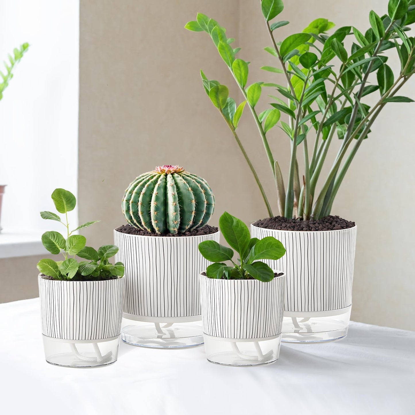 Samhe 4 Pack Self Watering Pots Set, 4+5.5 Inch Self Watering Pots for Indoor Plants, Planter Pot with Wick Rope and Reservoir for African Violet, Spider Plant, Orchid
