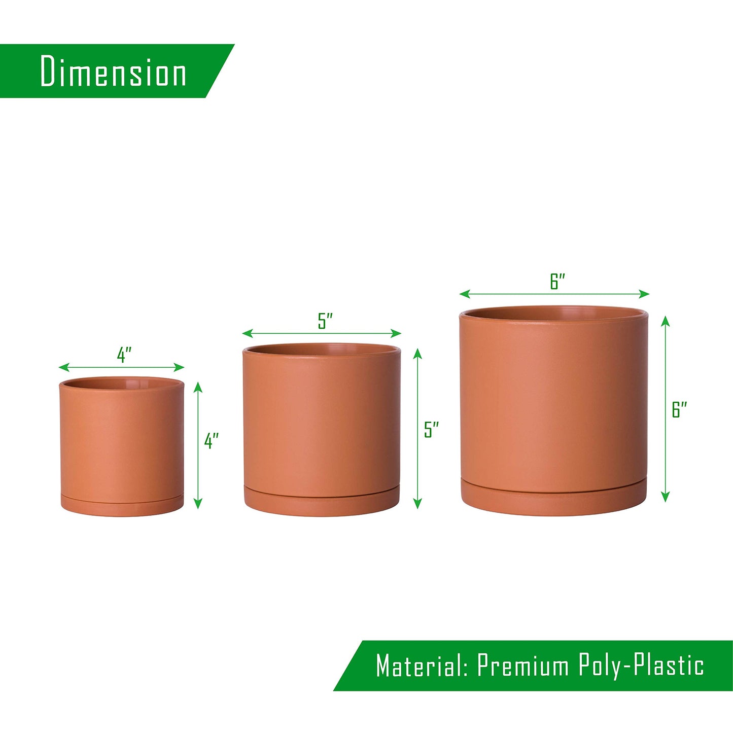 D'vine Dev 4 Inch 5 Inch 6 Inch, Set of 3 Plastic Planter Pots for Plants with Drainage Hole and Seamless Saucers, Terracotta Color, Small, 74-V-C-1