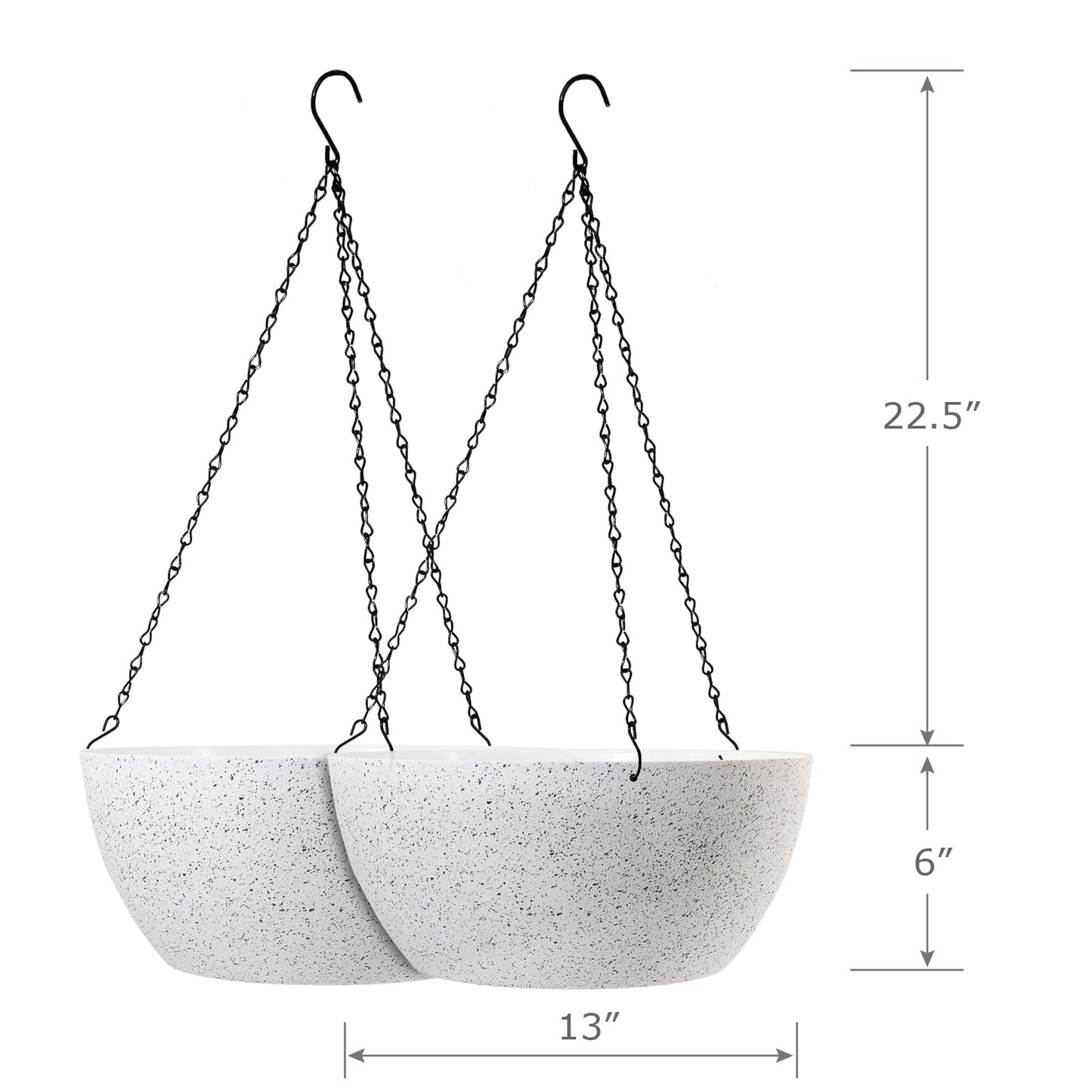 WSMKSZ 13 inch Large Hanging Planters Plant Pots for Outdoor Indoor Plants with Drainage Holes and Chain, 2 Pack Round Hanging Flower Pots for Garden Home Porch Decor, Speckled White