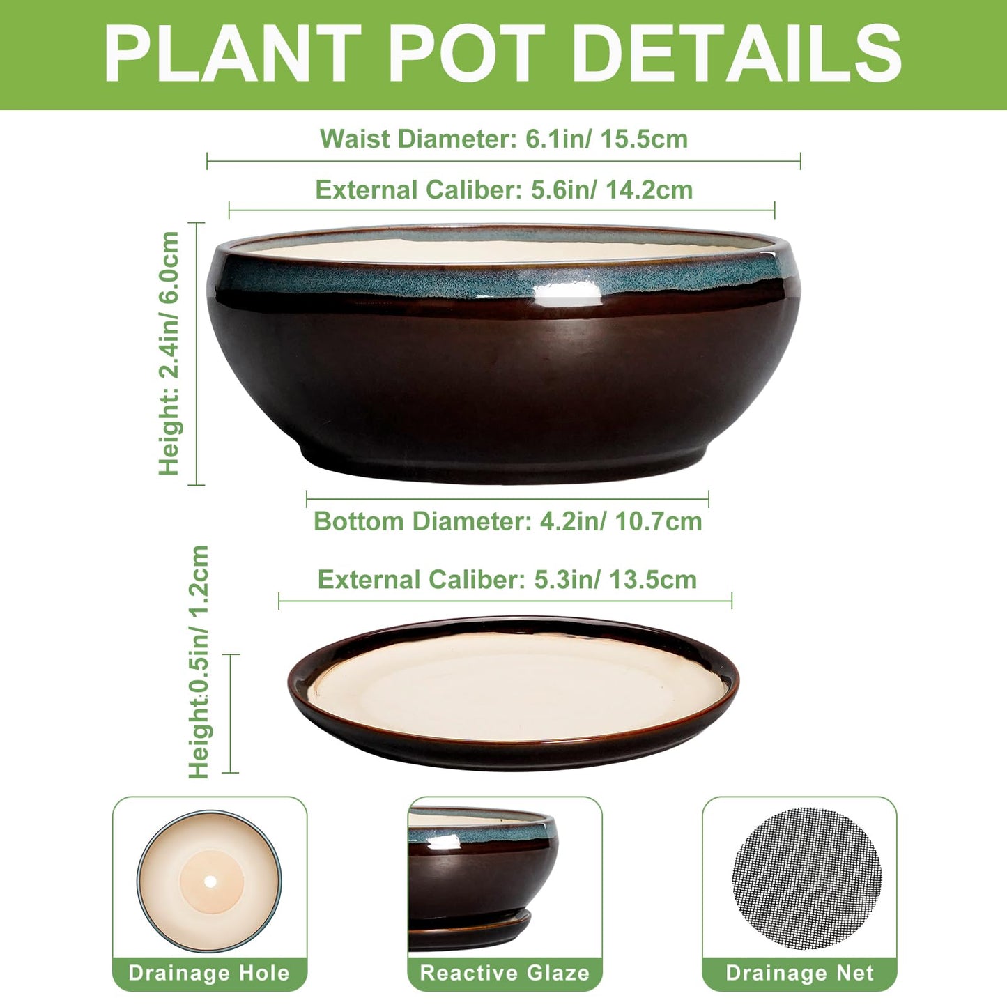 SQOWL Succulent Pots with Drainage Hole - 6 Inch Ceramic Bonsai Tree Pots, Shallow Planter with Saucer, Round Plant Pot for Succulent Indoor Outdoor, Porch Decor, Gifts for Plant Lover, Blue-Brown