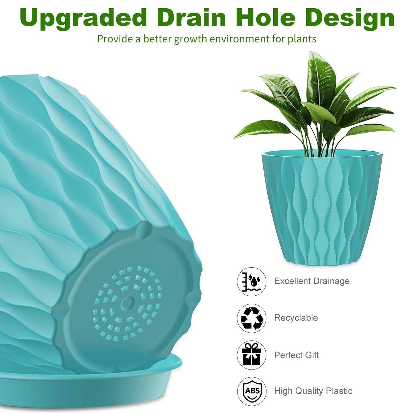 GDJUQZ 6 Pack 7 Inch Indoor Plant Pots with Drainage Holes, Outdoor Plastic Decorative Flower Pots, Garden Planters with Tray Saucers for Orchids, Violets, Succulents, Herbs, and Other Plants