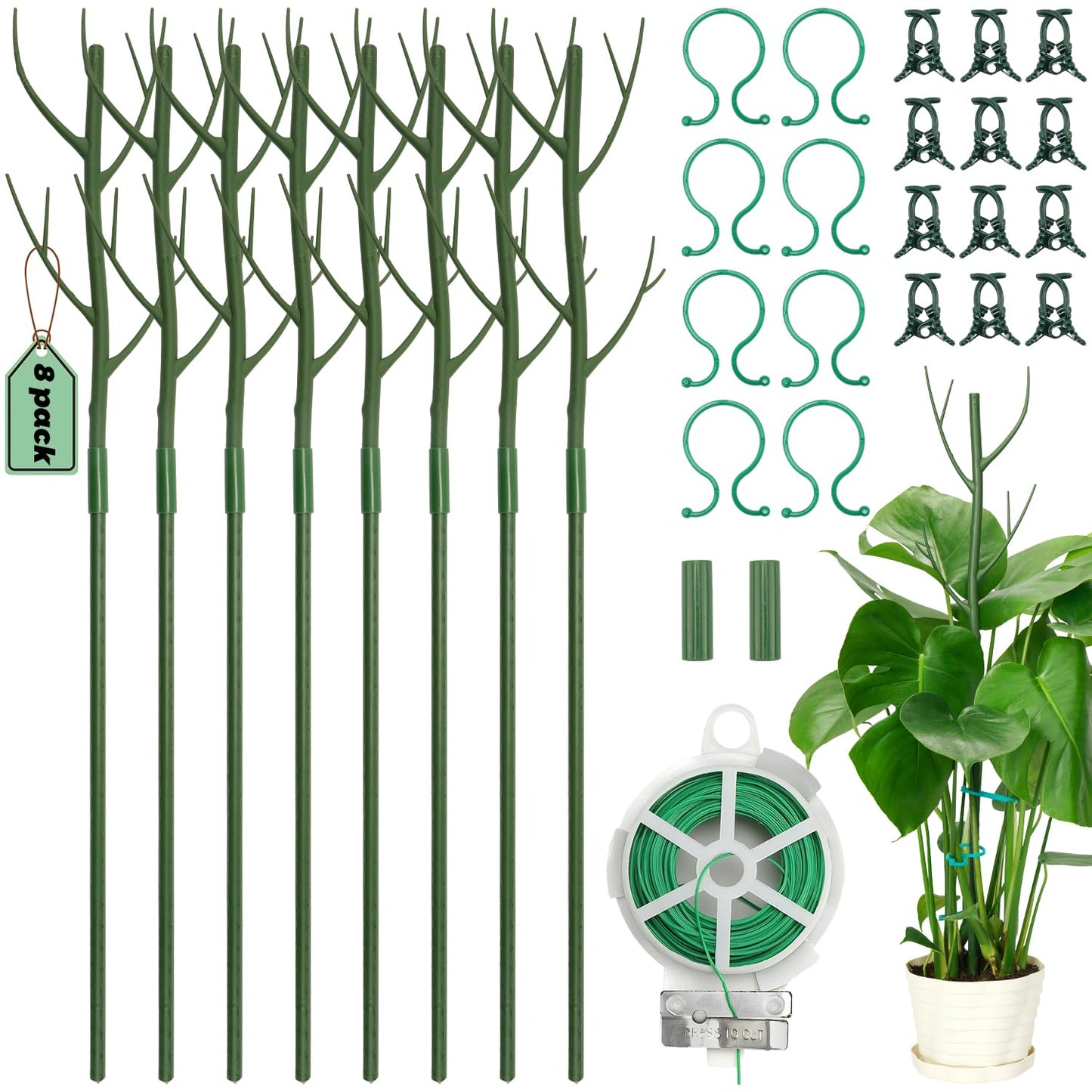 8 Pack Monstera Plant Support Stakes, 27.5inch Detachable Twig Plant Support Stakes with 12 Orchid Clips, 8 Twist Clips 65ft Twist Ties - Ideal Plant Stakes for Indoor Outdoor Plants