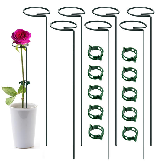 TUXBAWAY 16 Inch Plant Support Stakes (Pack of 7), Garden Single Stem Amaryllis Flower Stake, Metal Plant Cage Support Rings Plants Support Sticks with 10 PCS Plant Clips