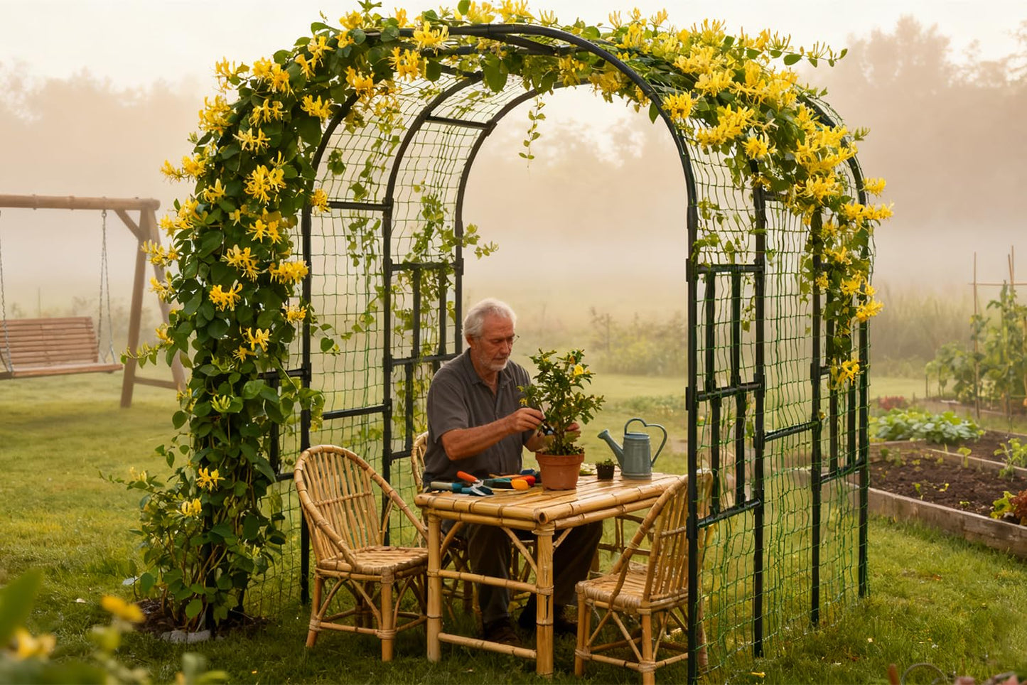 SUNYRISY Outdoor Garden Arch Trellis, 118" x 79" x 87" Extra Large Garden Trellis for Climbing Plants Outdoor, Plant Support for Cucumber Grape Vine Vegetable Fruit and Garden Gazebo