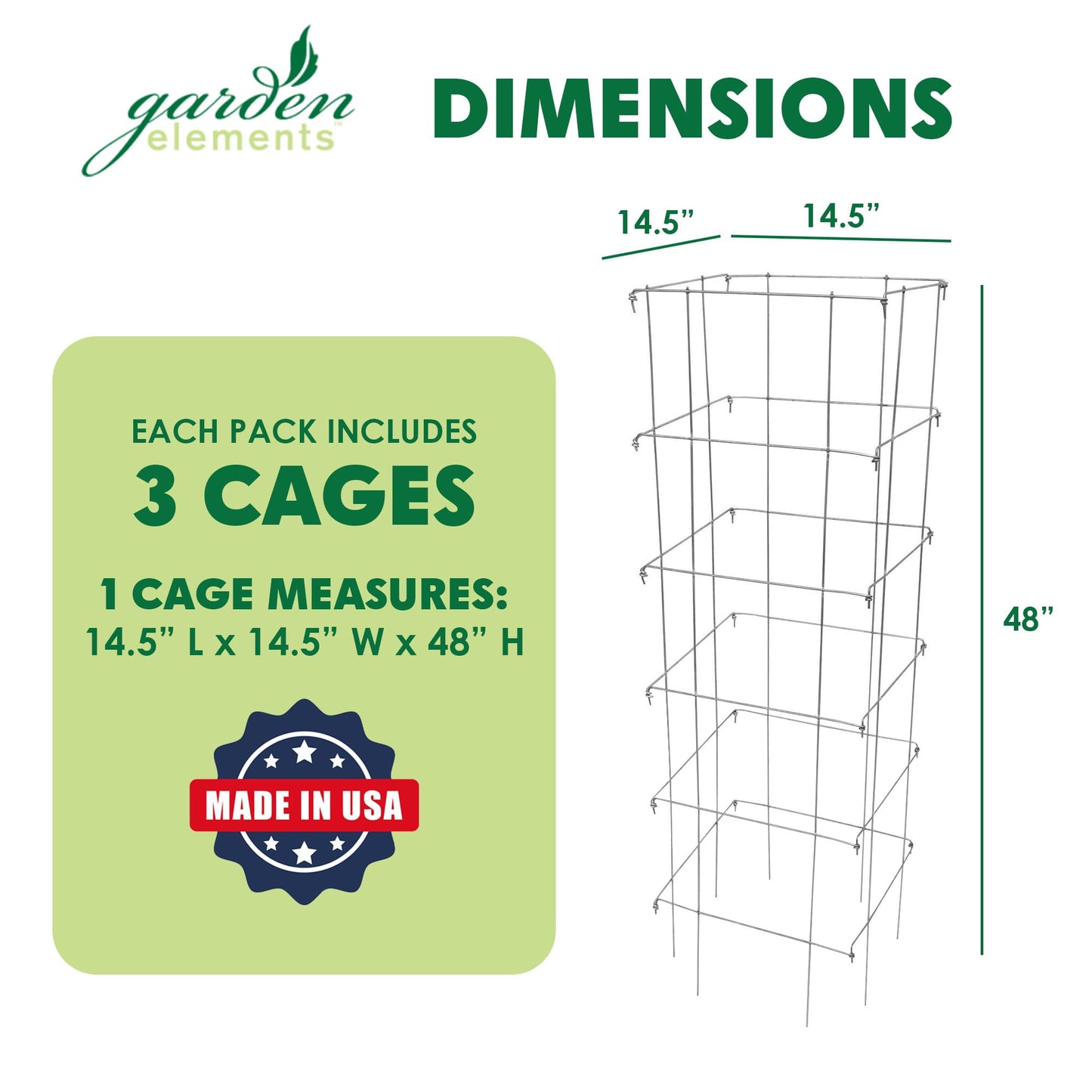Garden Elements Square Tomato Cage, 48 Inch (Pack of 3) - Heavy Duty Galvanized Steel Plant Support, Collapsible Garden Trellis with 8-Leg Stability for Climbing Vegetables & Vines