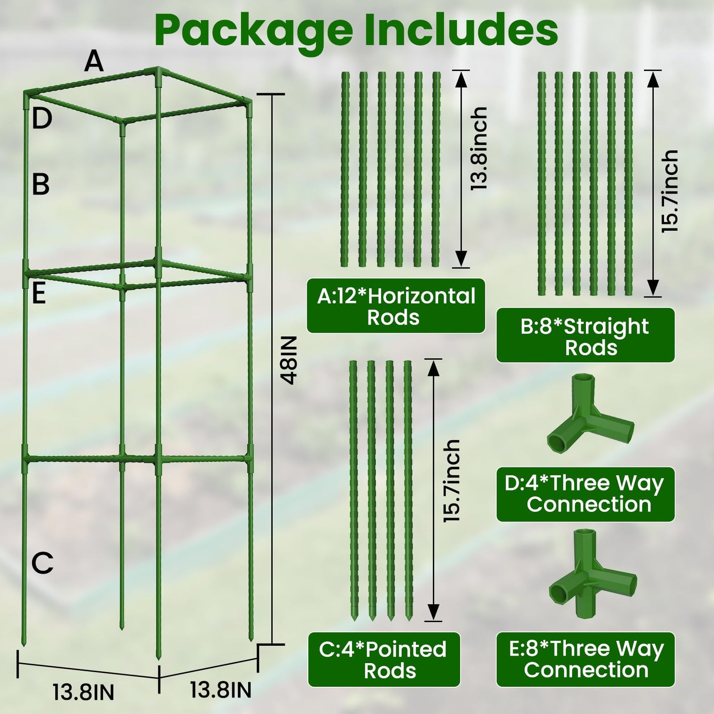 4 Pack Tomato Cages, 48'' Tall Tomato Plant Stakes Support for Raised Garden Bed Tomato, Square Trellis Cages for Garden Climbing Vegetables Flowers Fruits