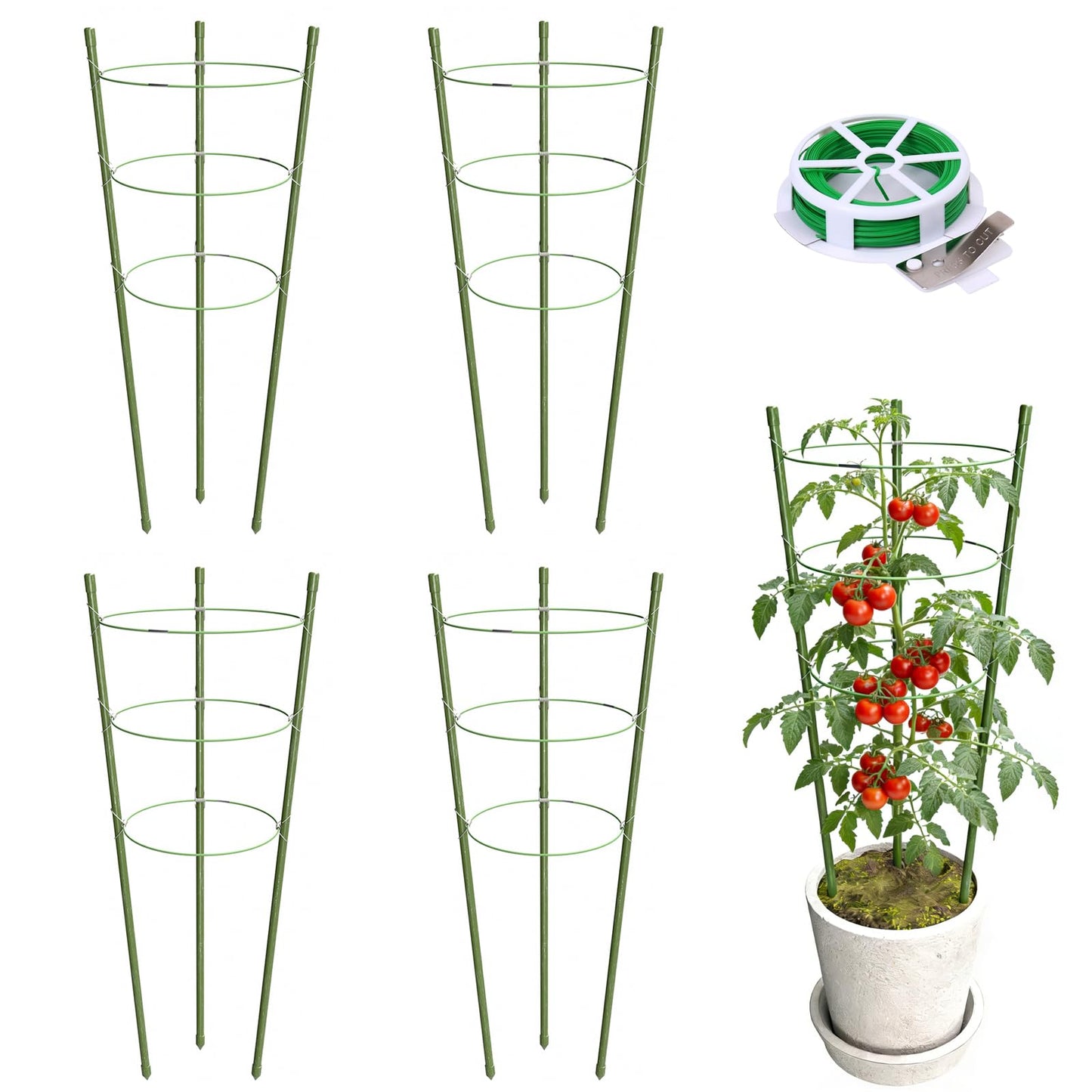 TOCCYARD 4 Pack Plant Support Tomato Cages for Garden, 24 Inches Tomato Cages and Supports with Adjustable Rings for Garden Pots, Plant Stakes Tomato Trellis Rings for Climbing Plants