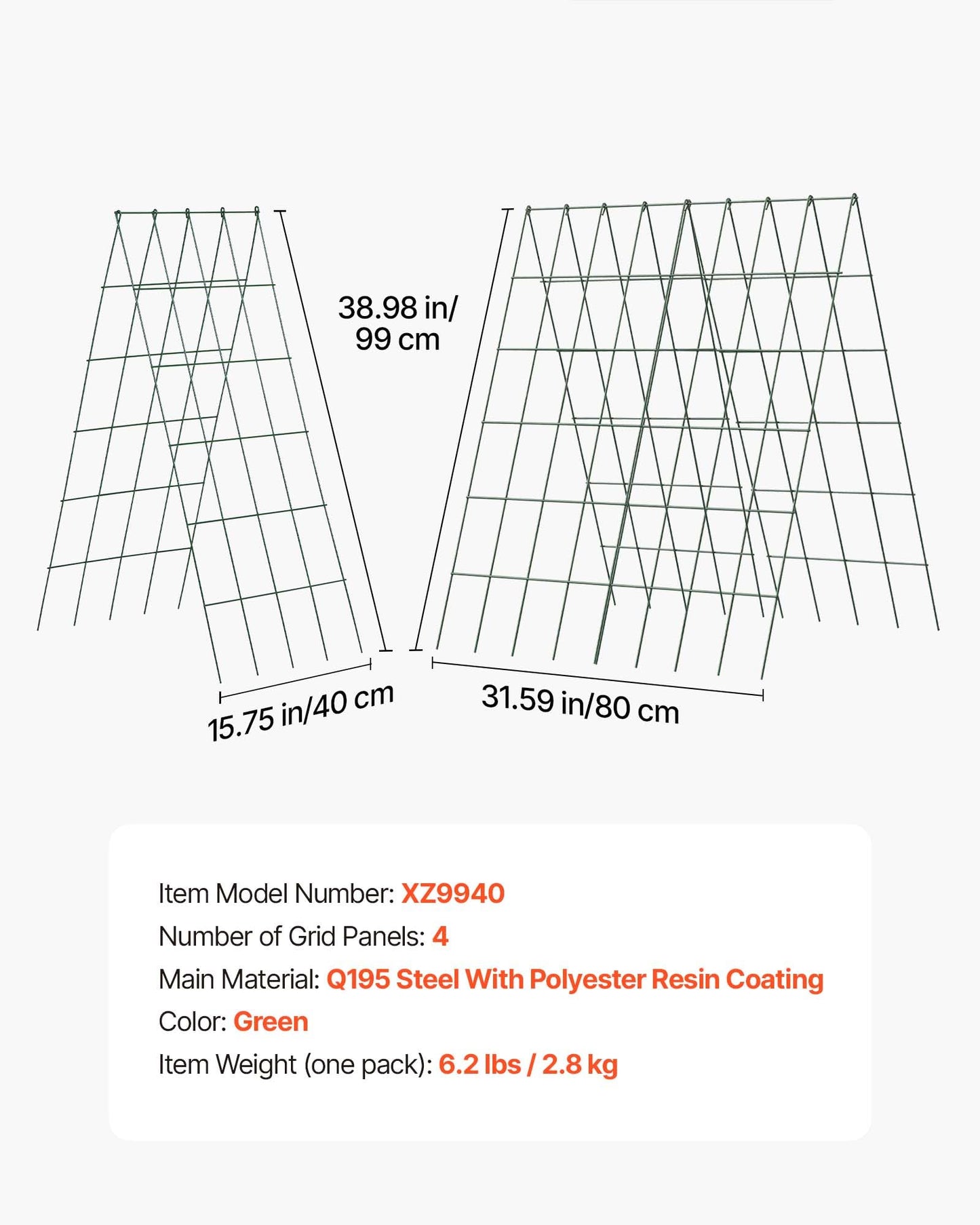 VEVOR Cucumber Trellis, No Assembly Required, 39" High 2 Pack Foldable A-Frame Garden Trellises for Raised Bed, Metal Rustproof Outdoor Climbing Plant Support for Vine, Peas, Beans, Tomato, Flowers