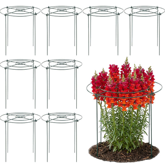 LIRAVENO Peony Cages and Supports - 8 Pack Plant Support Ring with 4 Legs 11.8" Dx17.7 H Round Potted Flower Grow Trellis Indoor Outdoor Garden Heavy Duty Metal Stakes for Rose Hydrangea Vegetables
