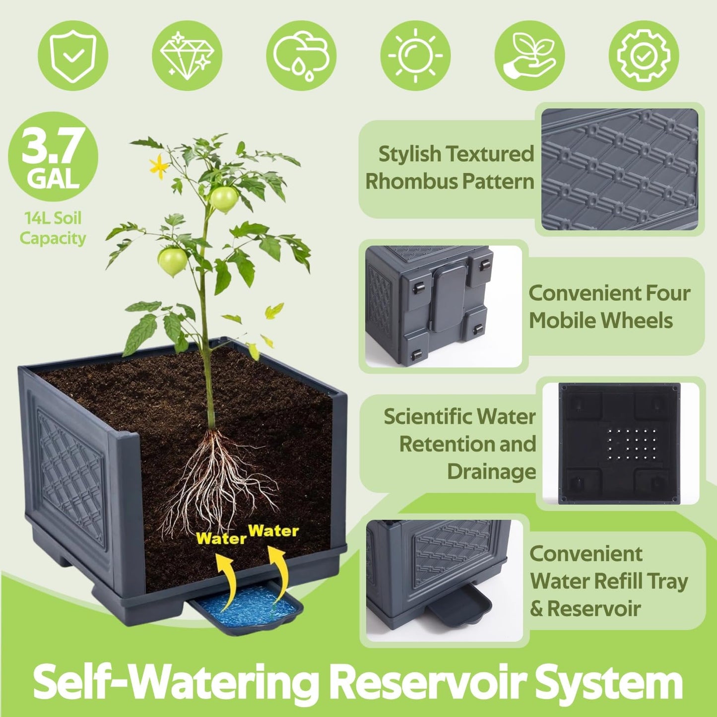 Jesosia Tomato Planter Box with Trellis - Self-Watering Rolling Raised Garden Bed with Tomato Cages for Climbing Plants - Tomato Pots with Cage Plant Support for Flower Vegetable Vine Indoor Outdoor