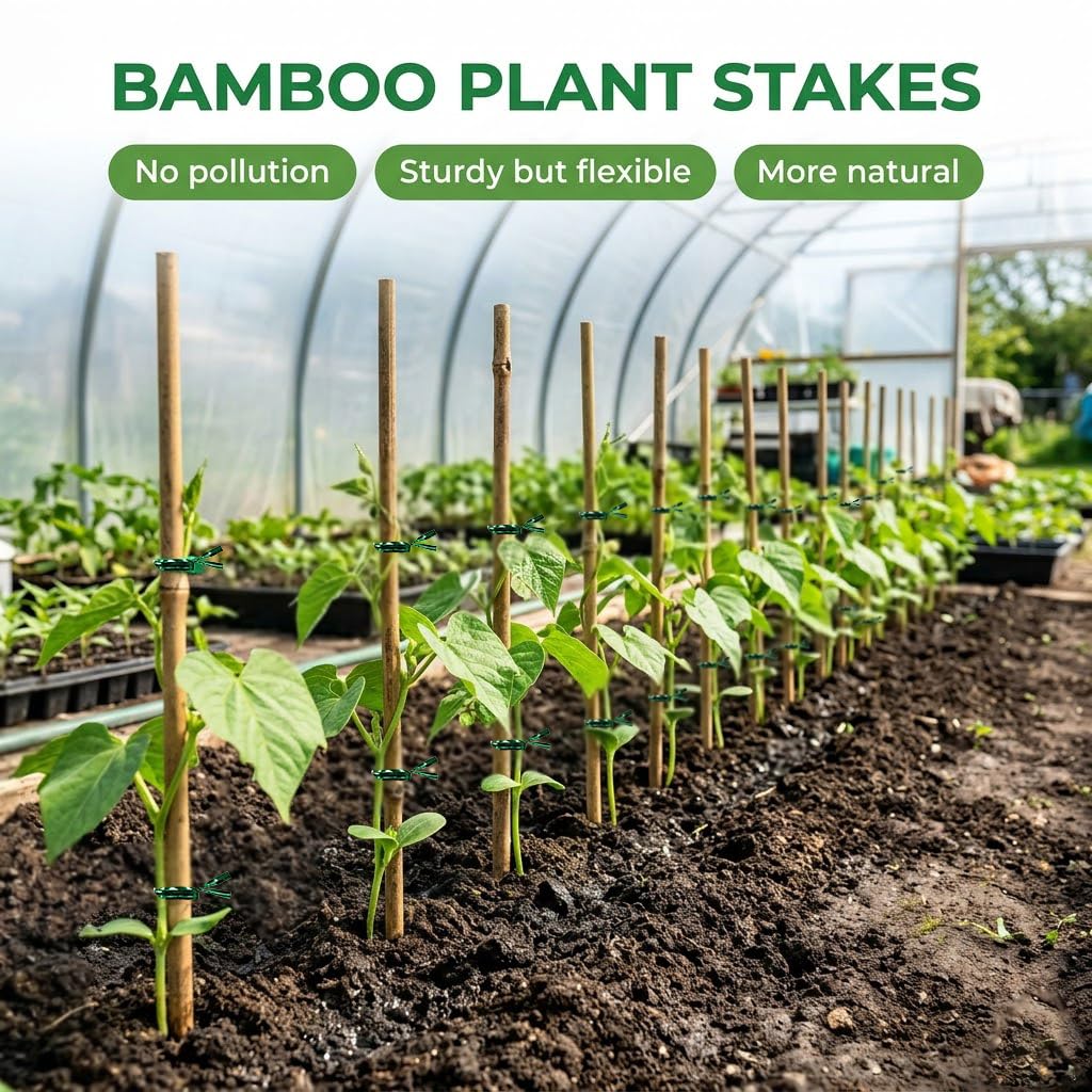 Plant Stakes Natural Bamboo Sticks - 25 Pcs Bamboo Garden Stakes for Plants 4 FT Plant Support Sticks with Twist Ties for Tomatoes Grapes Beans Flowers Indoor Outdoor Potted Climbing Plants