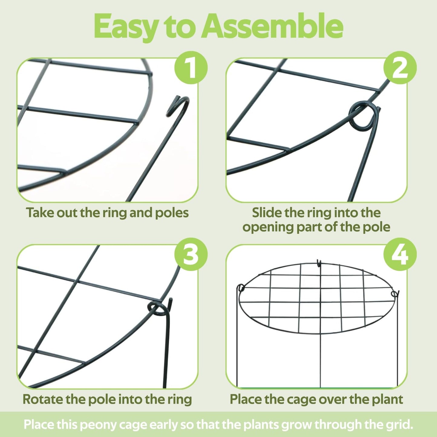 Jesosia 8 Pack Peony Cages and Supports - Grow Through Plant Support for Outdoor Plants - Sturdy Metal Support Frame for Peonies, Roses Flower Garden Cage - Wide Top Rings Bouquet Shape 12" D x 16" H