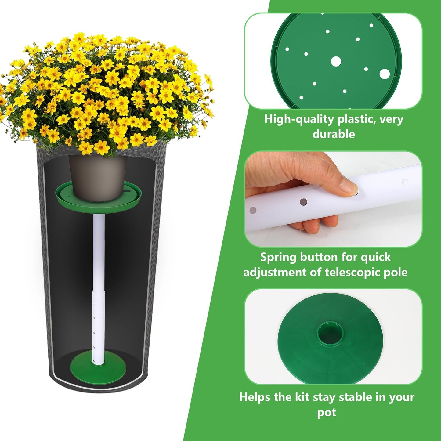 YLSAZL 2 Pack Adjustable Height Plant Risers for Inside Pots,11-17" Rise Plant Risers for, Indoor & Outdoor Insert with, Tall Square Round Taper Planter with 6''8" 10" Base & Top（ Green - Short）