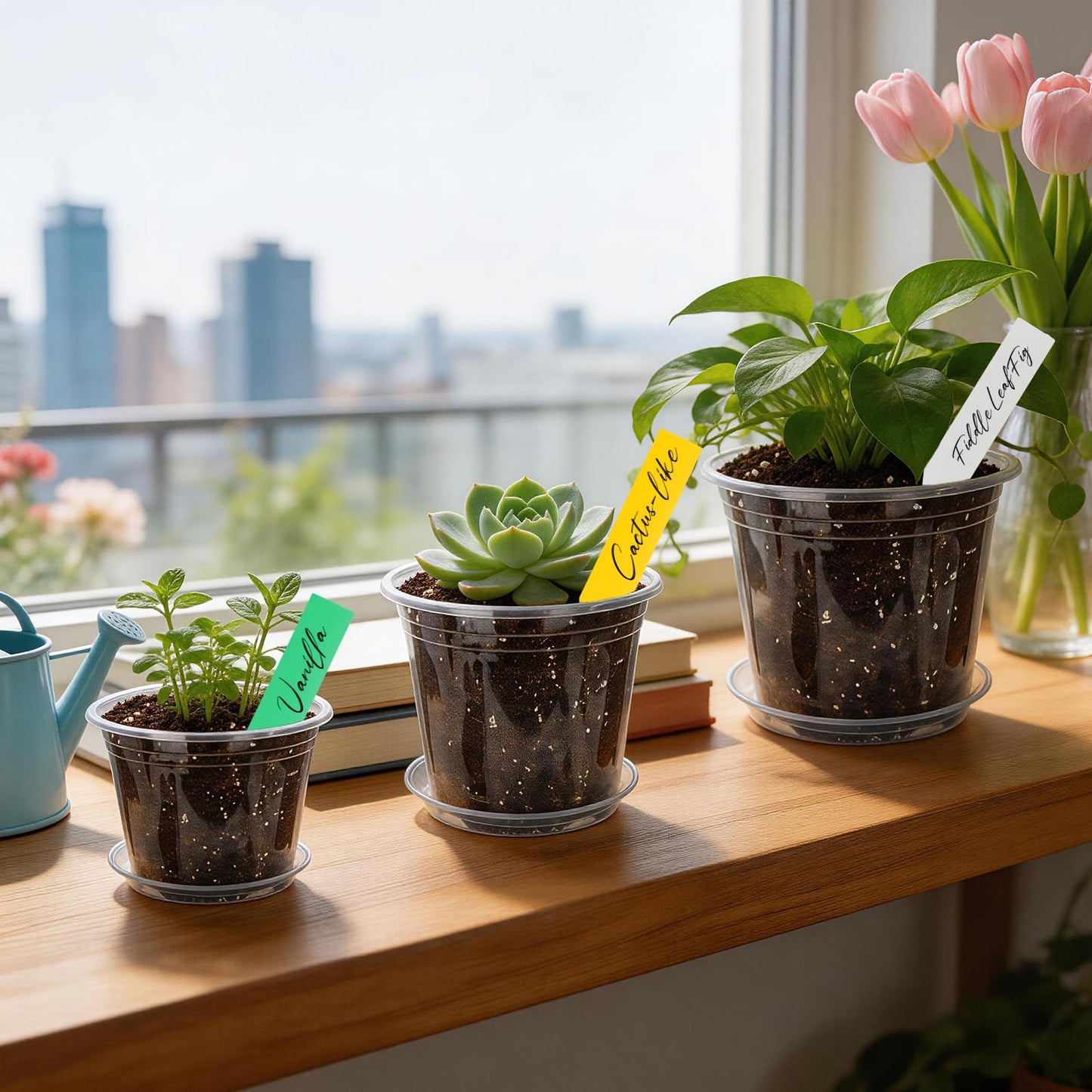 Clear Nursery Pots with Saucers 24 Pack, 4/5/6/7 Inch Plastic Plant Pots, for Indoor Outdoor Succulents Orchids Seedlings, Flower Containers with Drainage Holes and Tray, Small Garden Planters