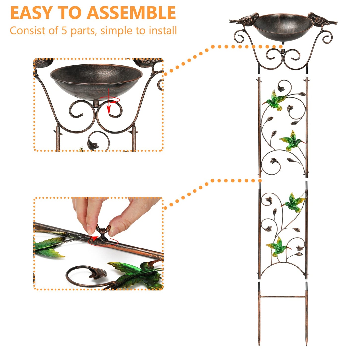 SUNNYPARK Antique Garden Iron Trellis with Decorative Hummingbirds Detachable Bird Bath Bowl Metal Potted Plant Support for Climbing Flowers