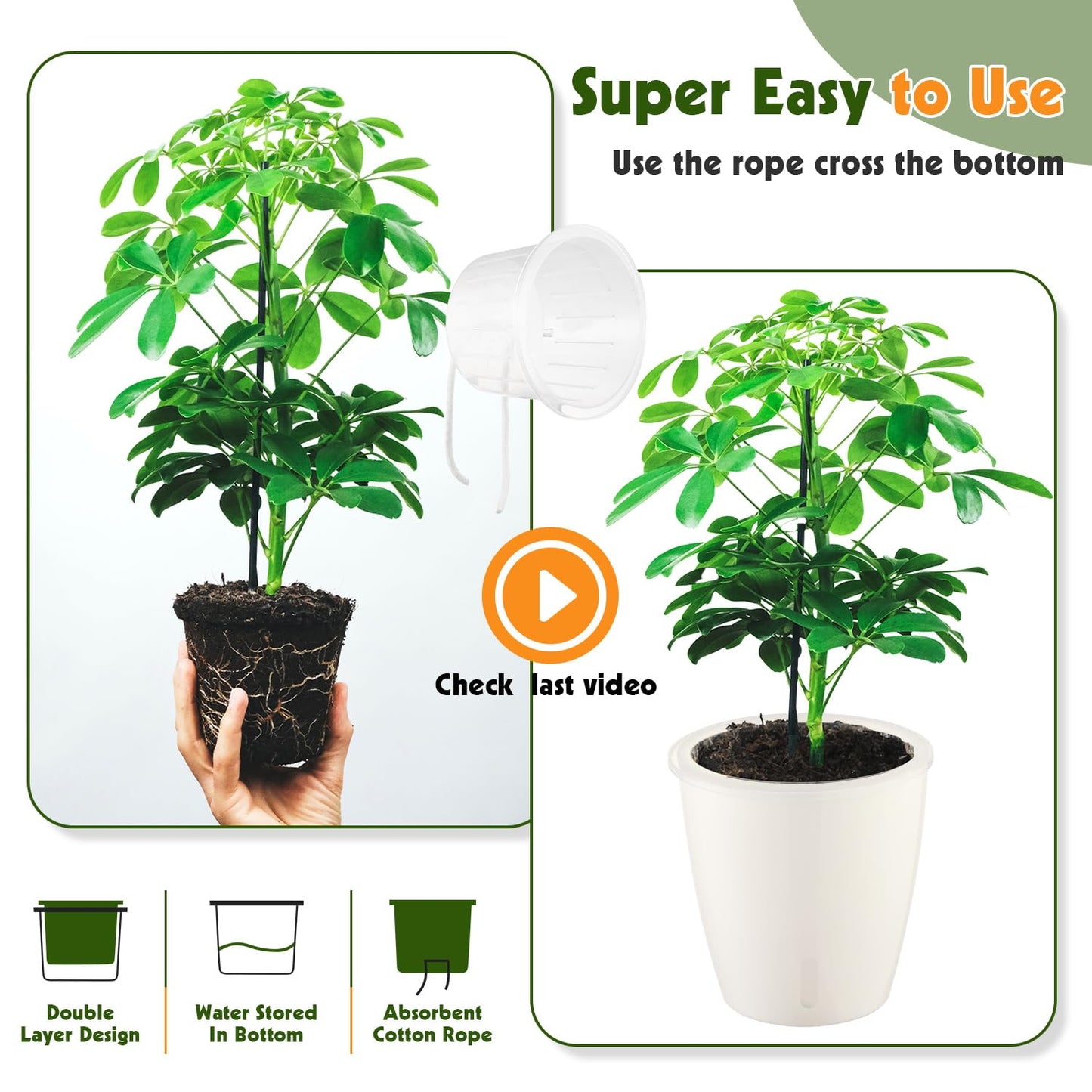 KvyusFlourish Self Watering Pots for Indoor Plants, 8-Pack 5'' Self Watering Planter with Drainage Holes, Small African Violet Pots with Water Level Indicator, Clear Wick Pot, White/Black