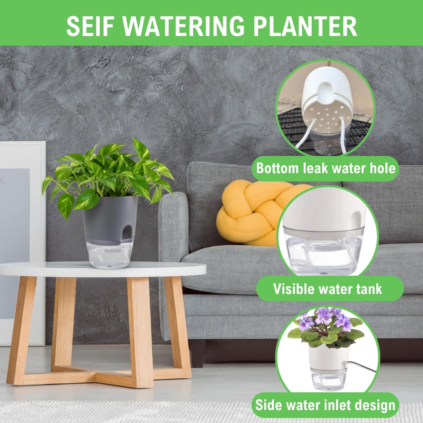 Thorkok 3.2 Inch Self Watering Planters Plastic Planter Pots 5 Pack Wicking Flower Pots Modern Decorative Planter for Small African Violets House Plants,Herbs,Indoor Outdoor Plant (Grey)