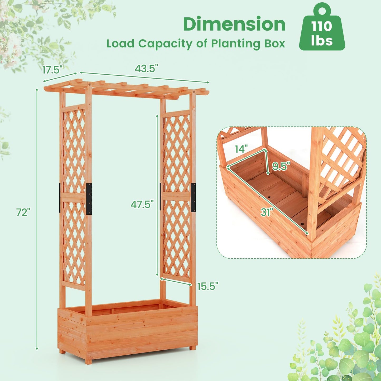 LDAILY Raised Garden Bed with Trellis, Above Ground Garden Bed with Hanging Roof, Side Trellis, & 4 Drainage Holes, Planter Box for Outdoor Climbing Plants Vines Flowers (1, 43.5"L x 17.5"W x 72"H)