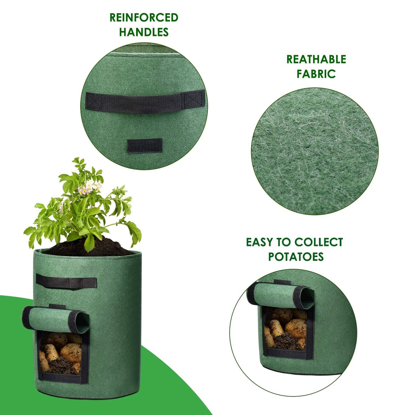 Delxo 5 Pack 7 Gallon Potato Growing Bags, Planter Garden Grow Bags with Flap, Double Layer Breathable Nonwoven Cloth for Planting,Vegetable,Tomato,Aeration Fabric Pots with Handles Green